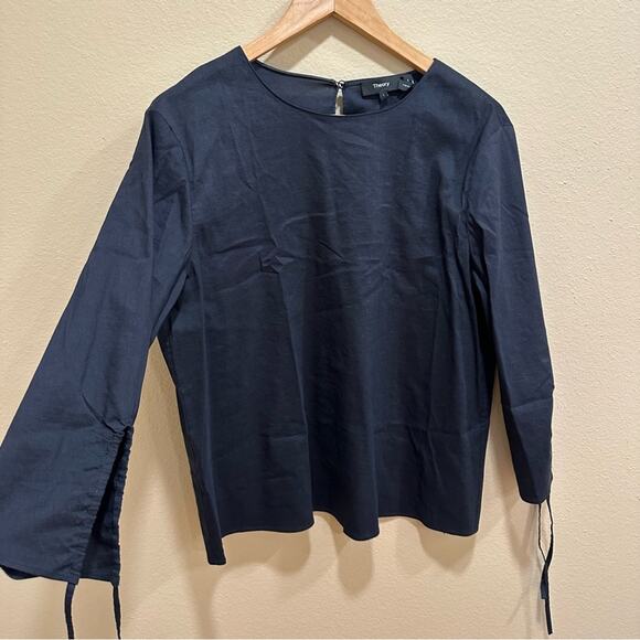 Theory Navy Blue Long Cinch Sleeve Linen Blend Top Blouse Large - Picture 10 of 13